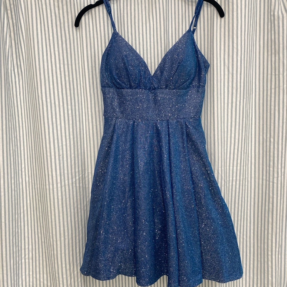 Sparkly Blue Spaghetti Strap Homecoming Dress